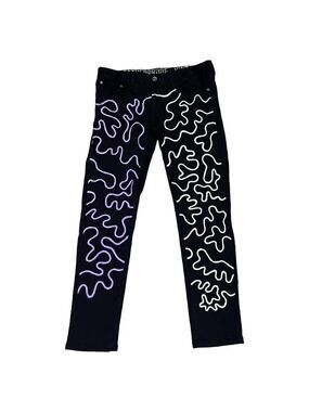 Custom Painted Haring Design Black Denim Streetwear Art Jeans - Mens 36 x 31